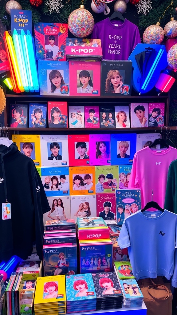 A collection of K-Pop merchandise including albums, lightsticks, and clothing in a festive Christmas setting.